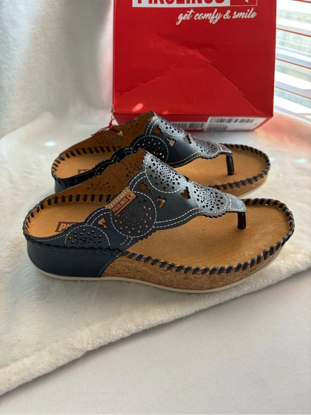 PIKOLINOS Marina Thong Wedge Leather Sandals Blue Size 37 EU 6.5-7 US